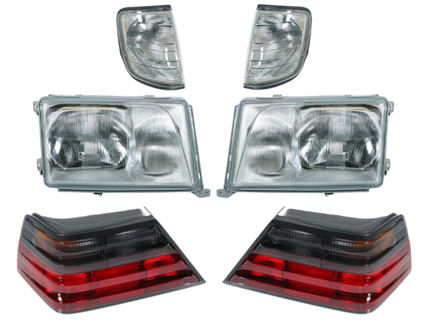 Front headlights with LWR + indicators in smoke gray + tail lights for Mercedes W124